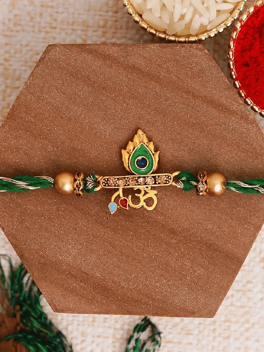 Green Om & Peacock Feather Religious Rakhi and Roli Chawal Pack
